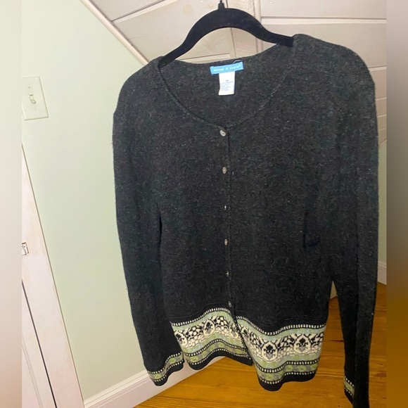 Deane & White 100% Lambswool Cardigan Sweater Gray Green & Blue Detail Medium - Picture 2 of 11